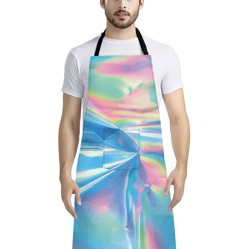 Blue Holographic Print Bib Apron With Pocket