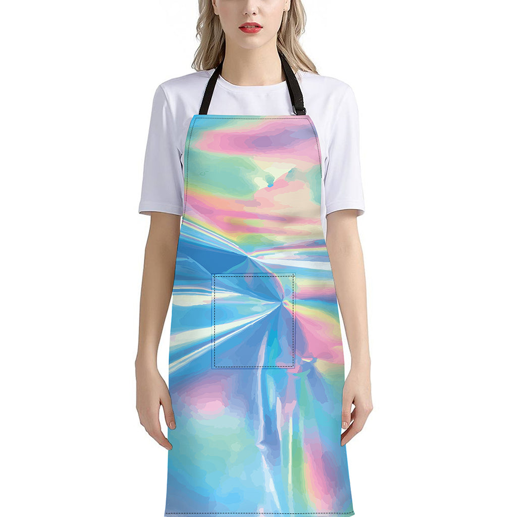 Blue Holographic Print Bib Apron With Pocket