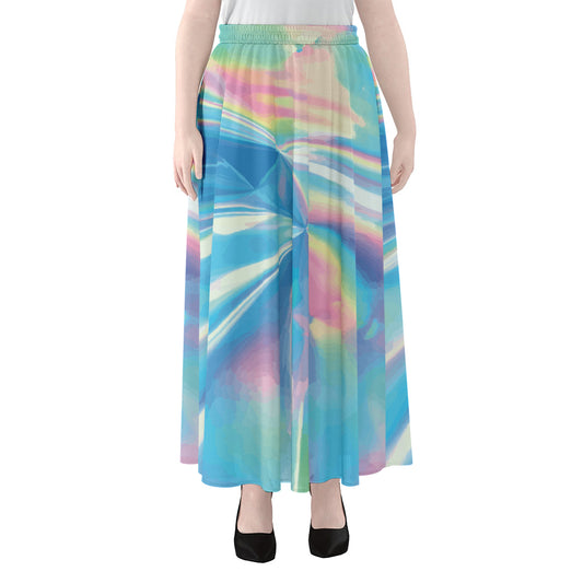 Blue Holographic Print Chiffon Maxi Skirt