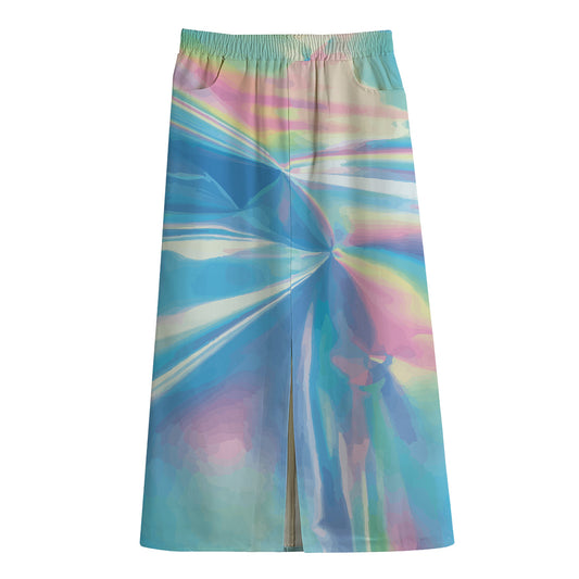 Blue Holographic Print Cotton Front Slit Maxi Skirt