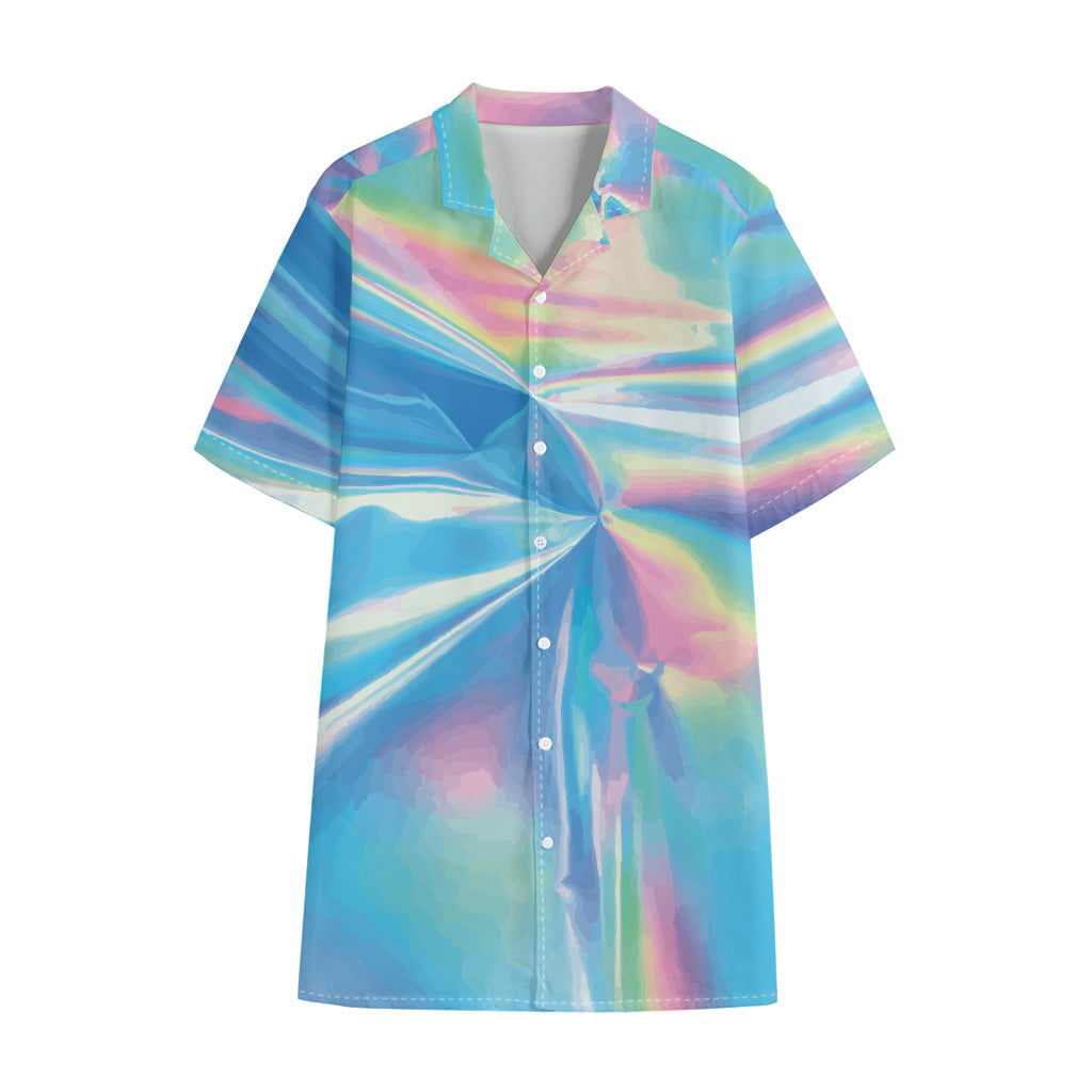 Blue Holographic Print Cotton Hawaiian Shirt