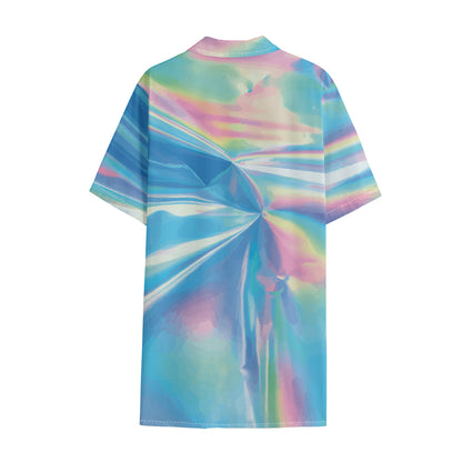 Blue Holographic Print Cotton Hawaiian Shirt