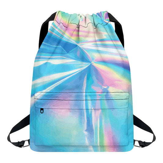 Blue Holographic Print Drawstring Backpack