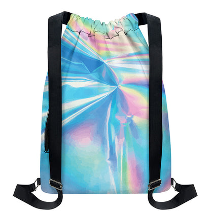Blue Holographic Print Drawstring Backpack