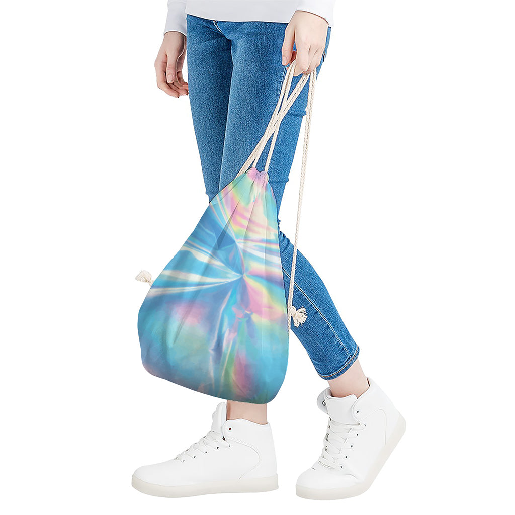 Blue Holographic Print Drawstring Bag