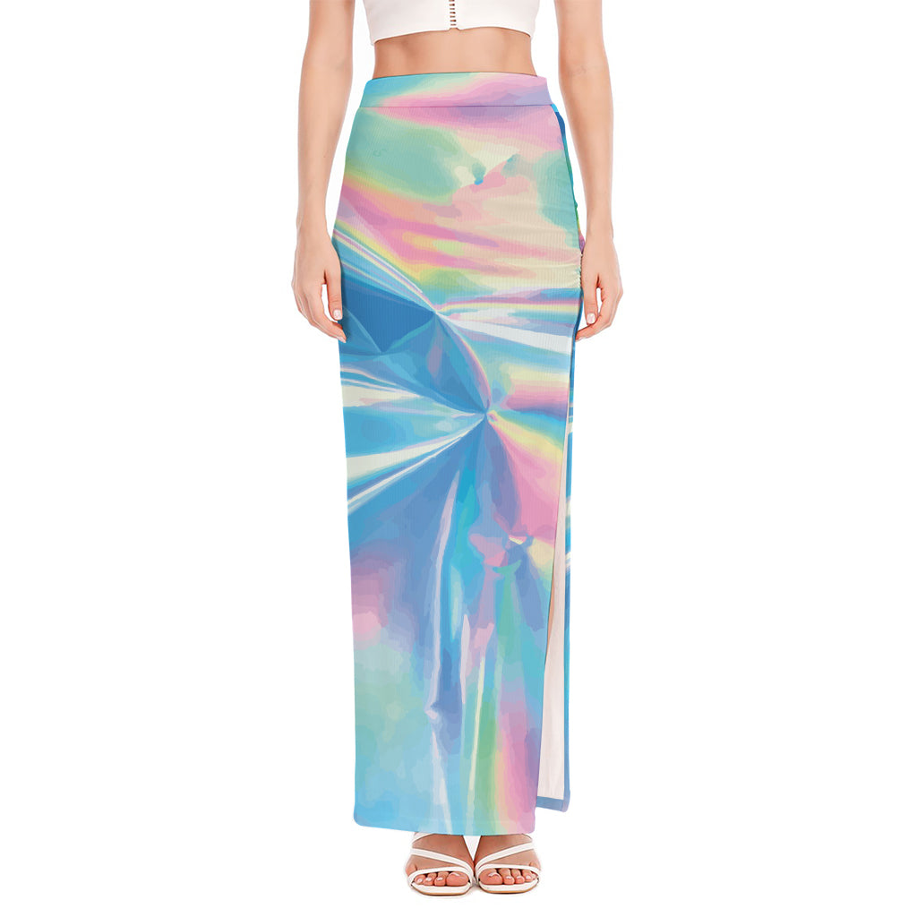 Blue Holographic Print High Slit Maxi Skirt