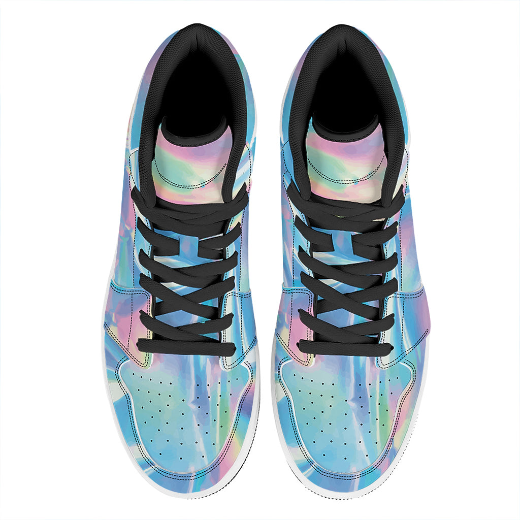 Blue Holographic Print High Top Leather Sneakers