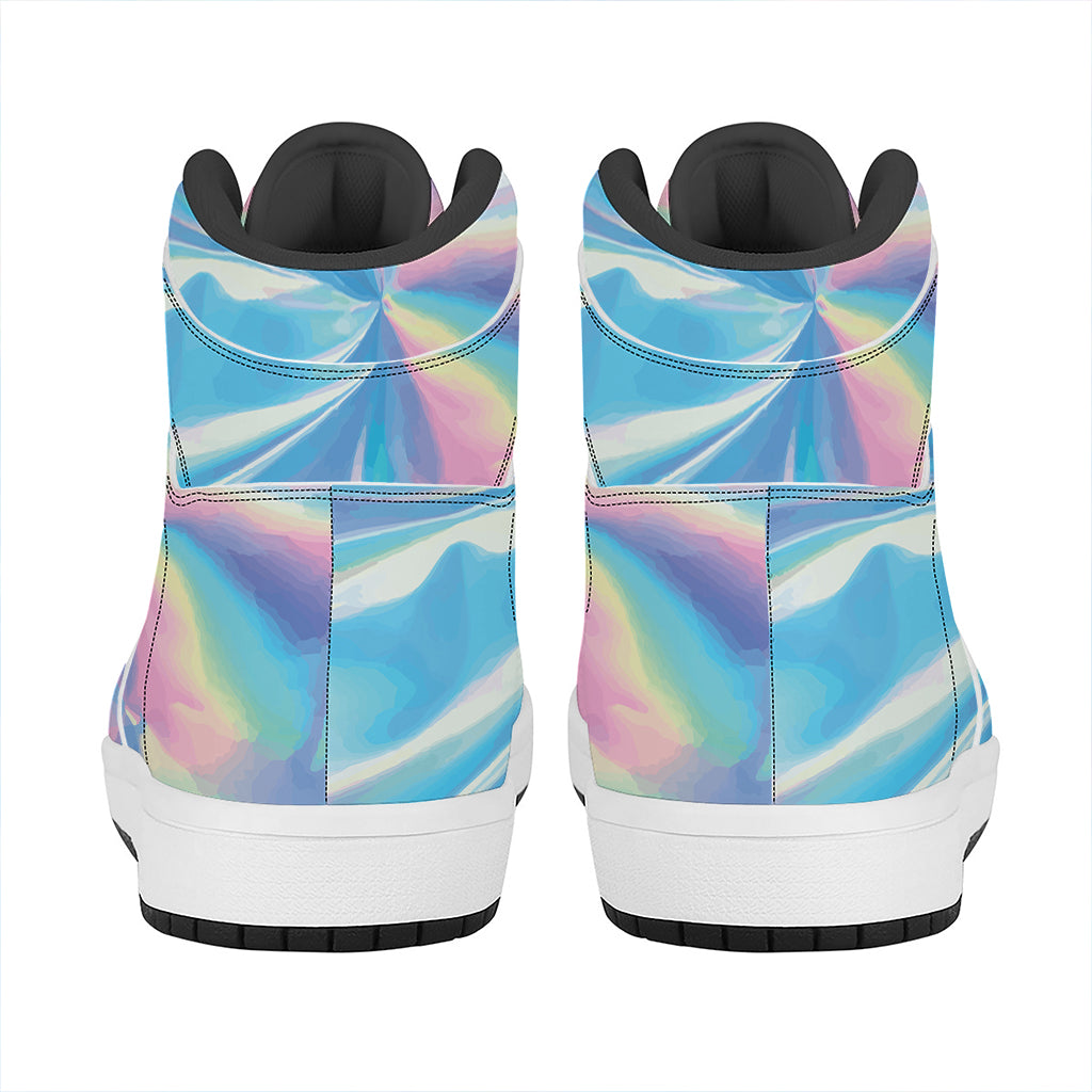 Blue Holographic Print High Top Leather Sneakers