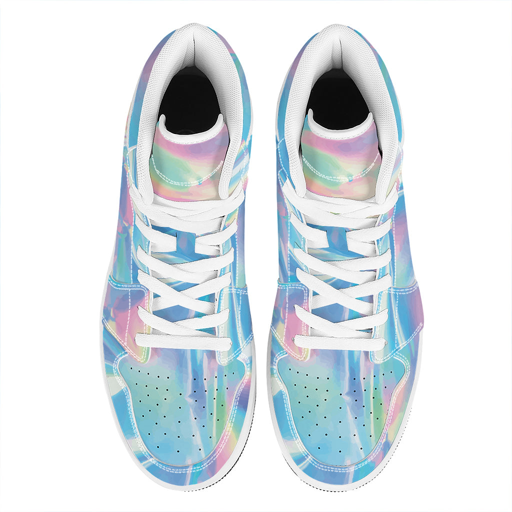 Blue Holographic Print High Top Leather Sneakers