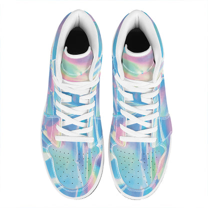 Blue Holographic Print High Top Leather Sneakers