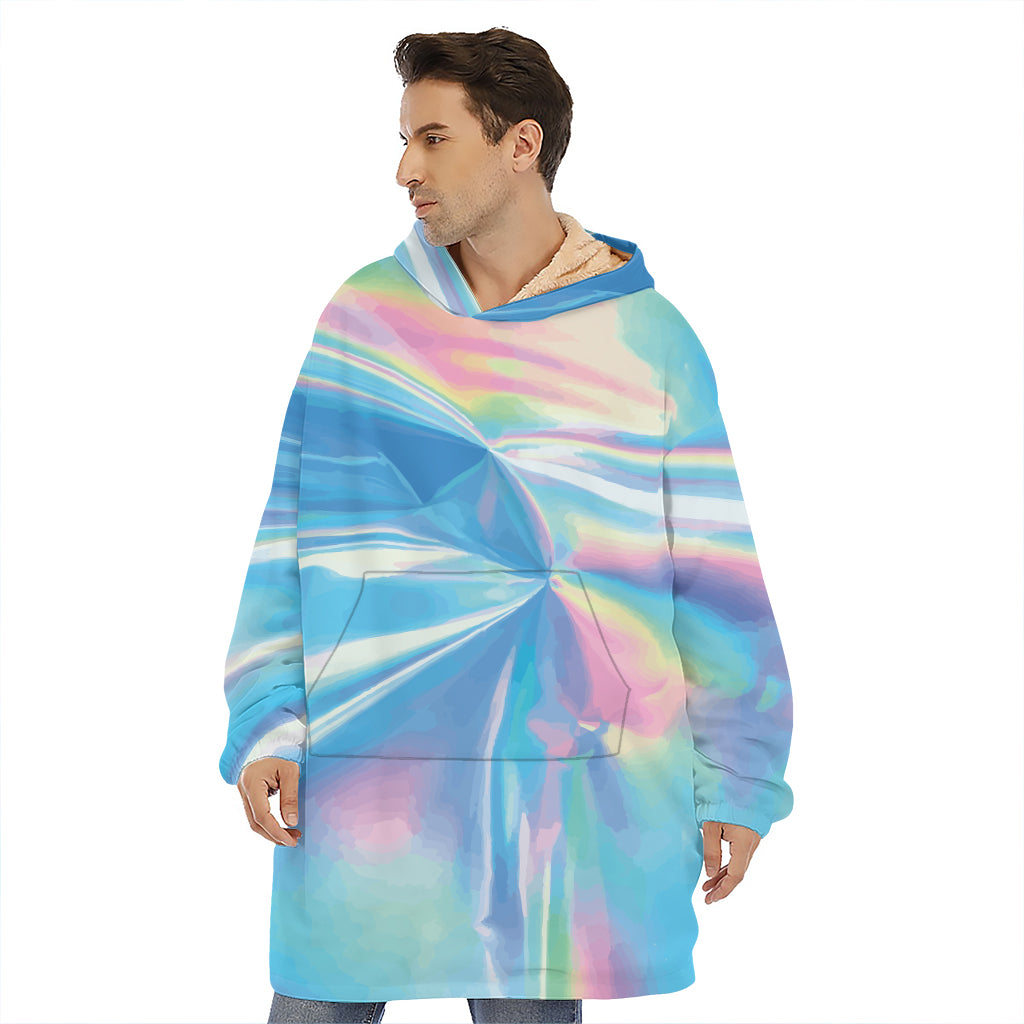 Blue Holographic Print Hoodie Blanket