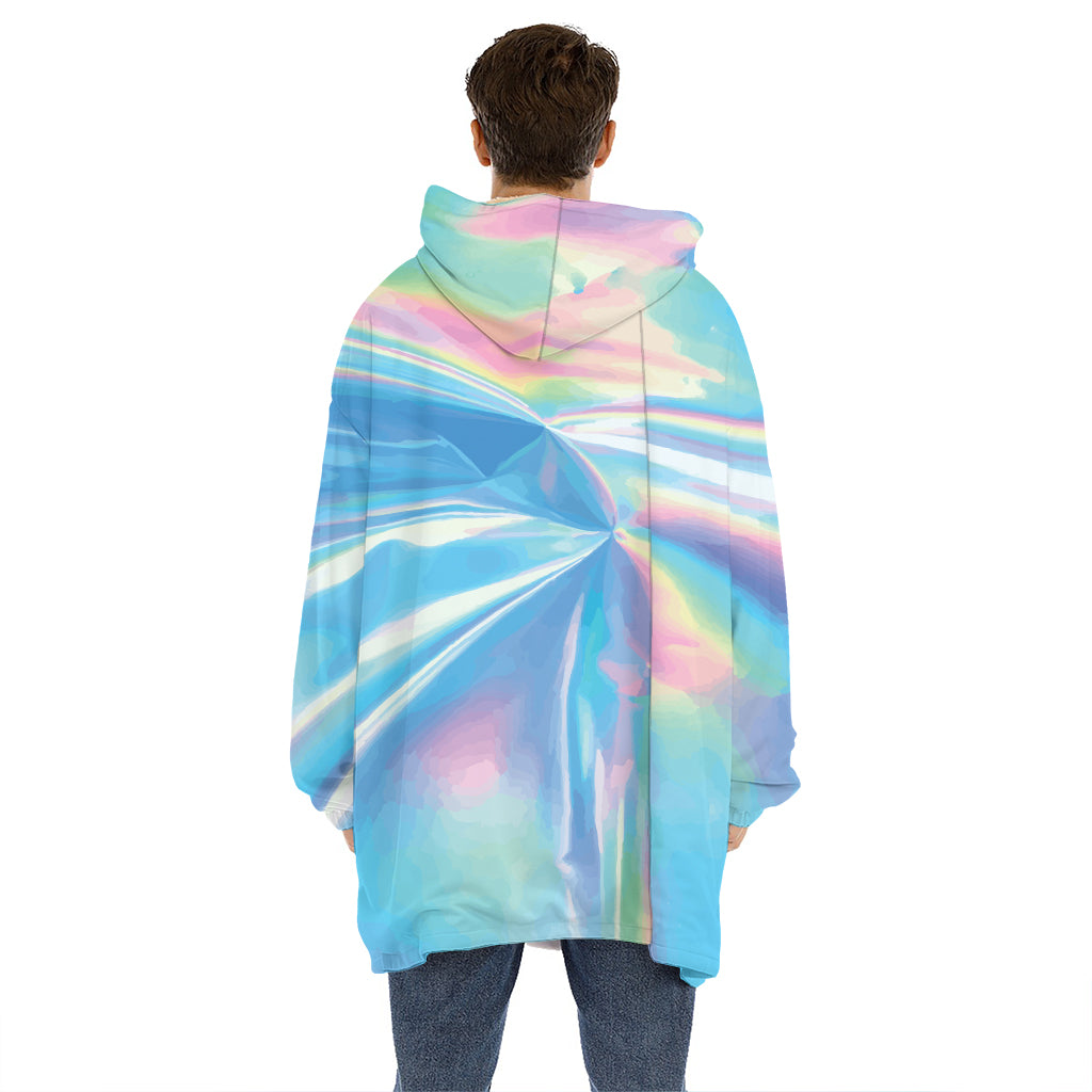 Blue Holographic Print Hoodie Blanket