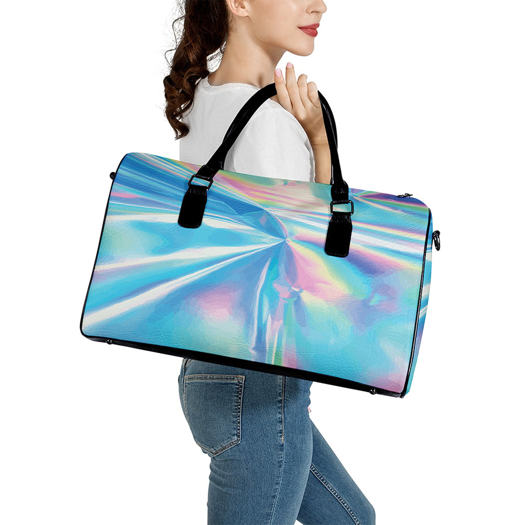 Blue Holographic Print Leather Duffle Bag