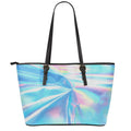Blue Holographic Print Leather Tote Bag With Zipper
