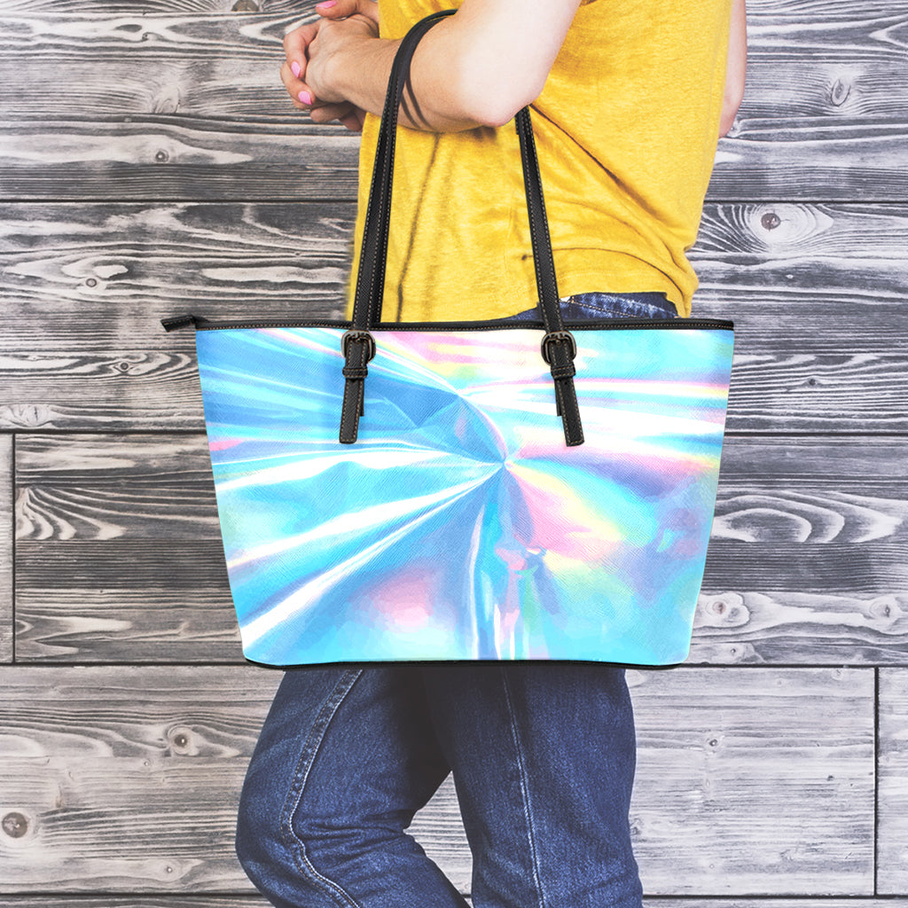 Blue Holographic Print Leather Tote Bag