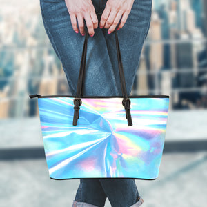 Blue Holographic Print Leather Tote Bag