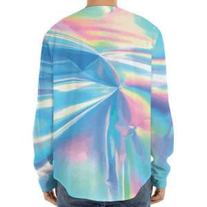 Blue Holographic Print Long Sleeve Baseball Jersey