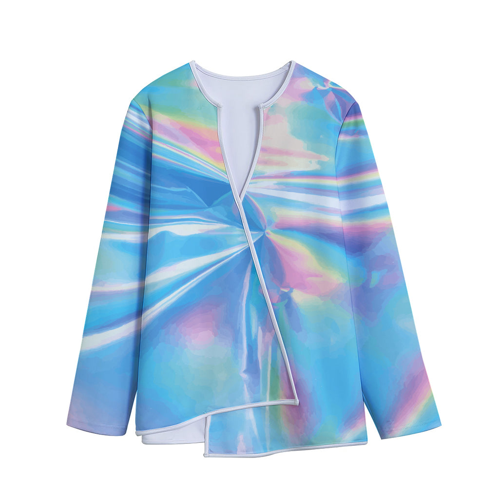 Blue Holographic Print Long Sleeve Short Coat