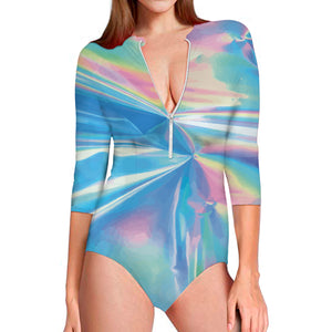 Blue Holographic Print Long Sleeve Swimsuit