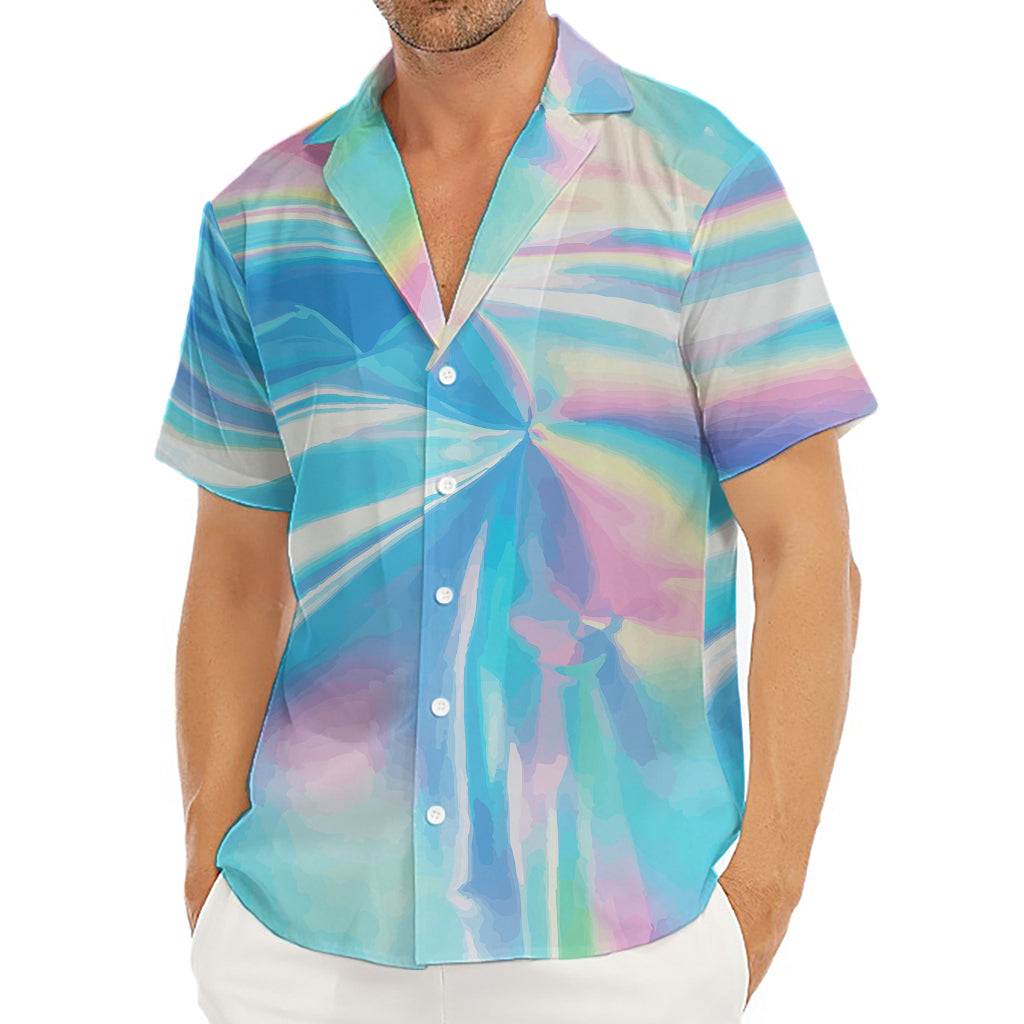 Blue Holographic Print Men's Deep V-Neck Shirt