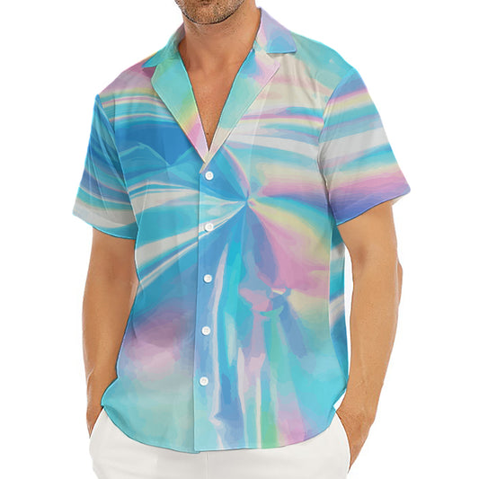 Blue Holographic Print Men's Deep V-Neck Shirt