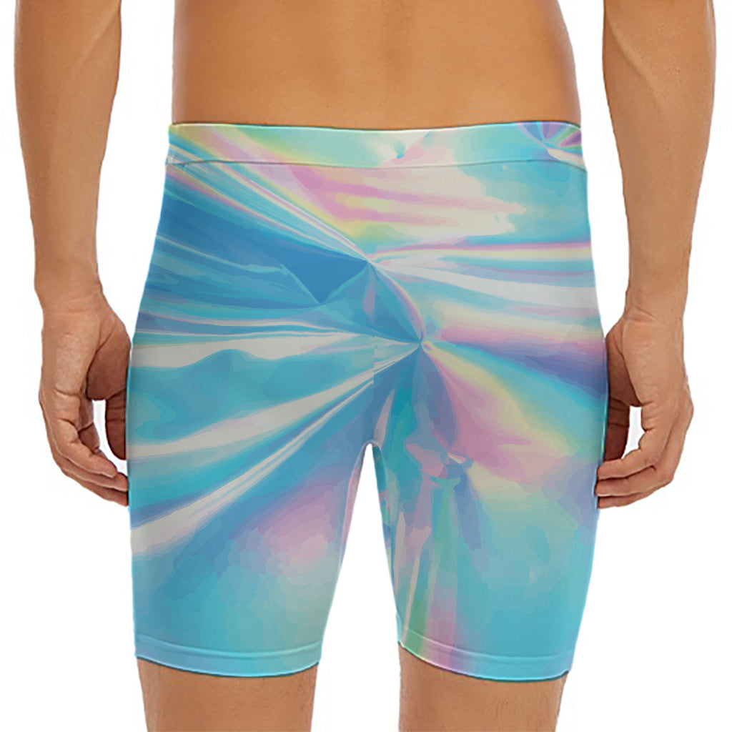 Blue Holographic Print Men's Long Boxer Briefs