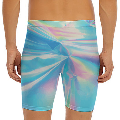 Blue Holographic Print Men's Long Boxer Briefs