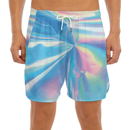 Blue Holographic Print Men's Split Running Shorts