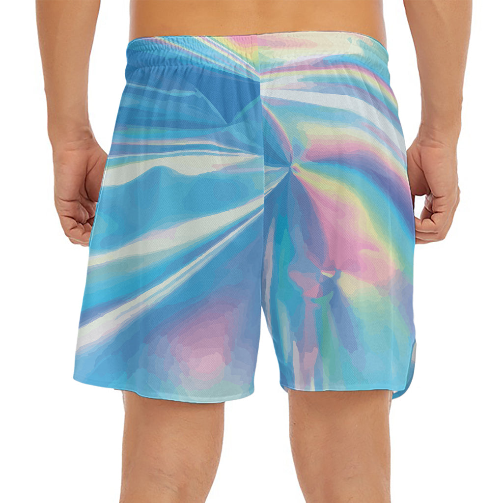 Blue Holographic Print Men's Split Running Shorts