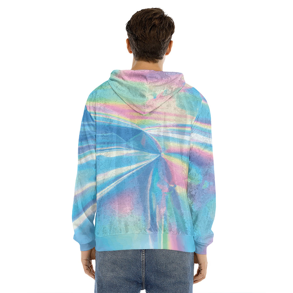 Blue Holographic Print Men's Velvet Pullover Hoodie