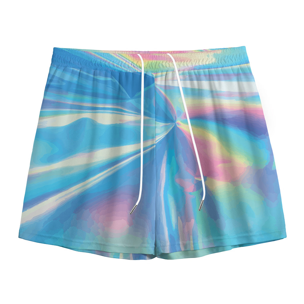 Blue Holographic Print Mesh Shorts