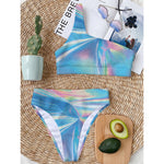 Blue Holographic Print One Shoulder Bikini Top