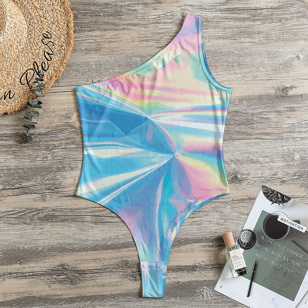 Blue Holographic Print One Shoulder Bodysuit