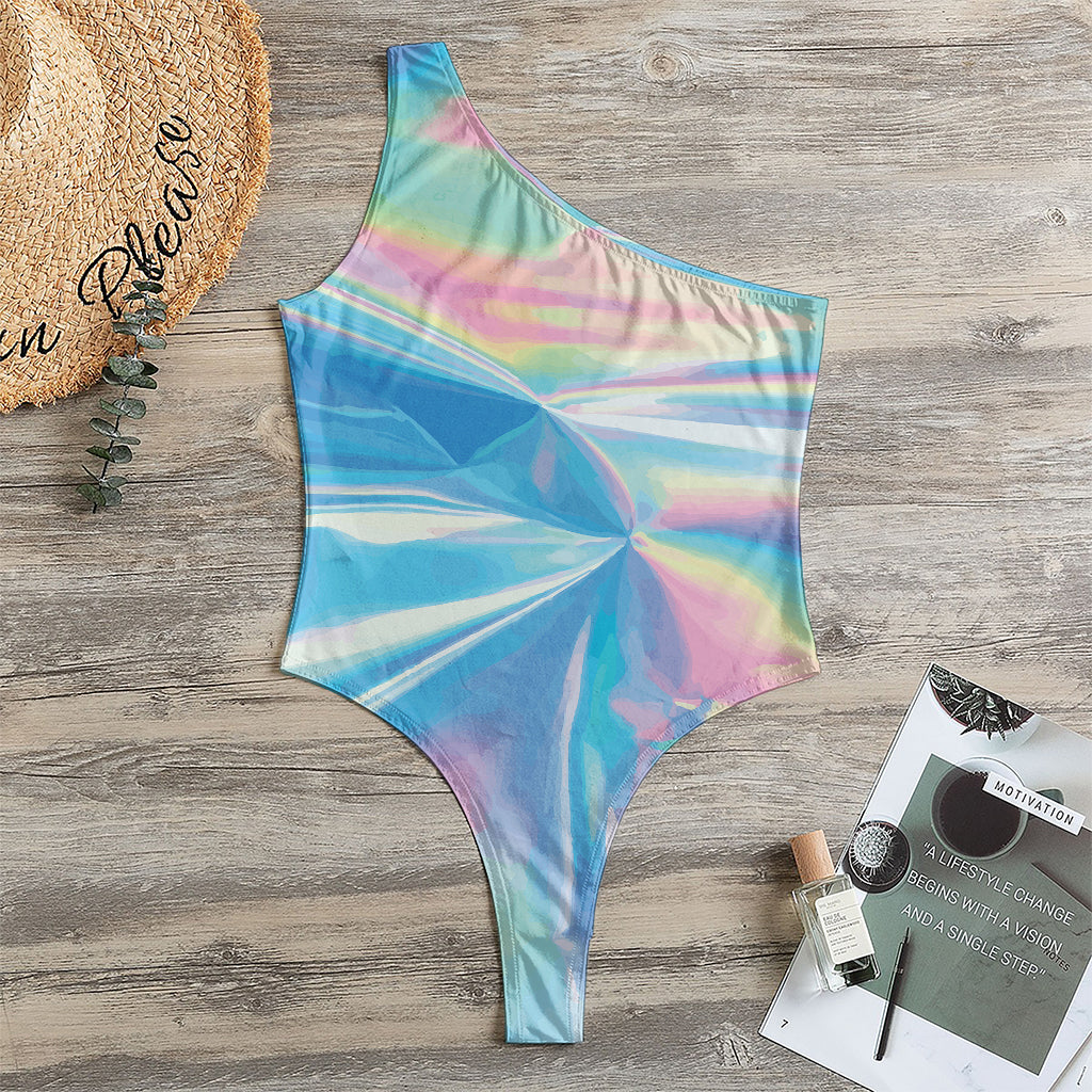 Blue Holographic Print One Shoulder Bodysuit