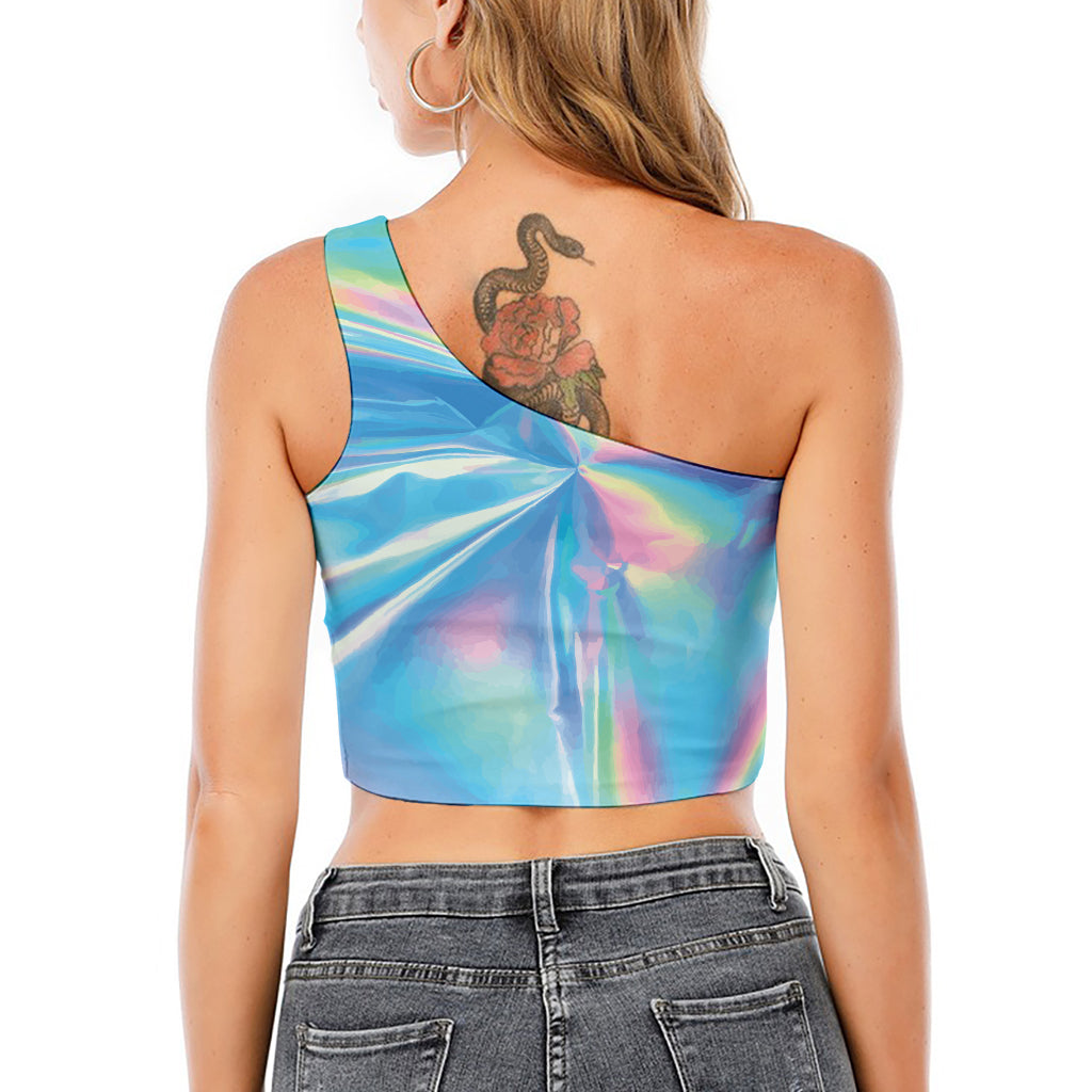 Blue Holographic Print One Shoulder Crop Top
