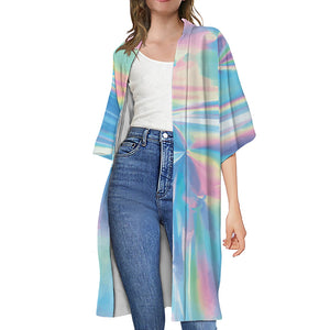 Blue Holographic Print Open Front Beach Cover Up