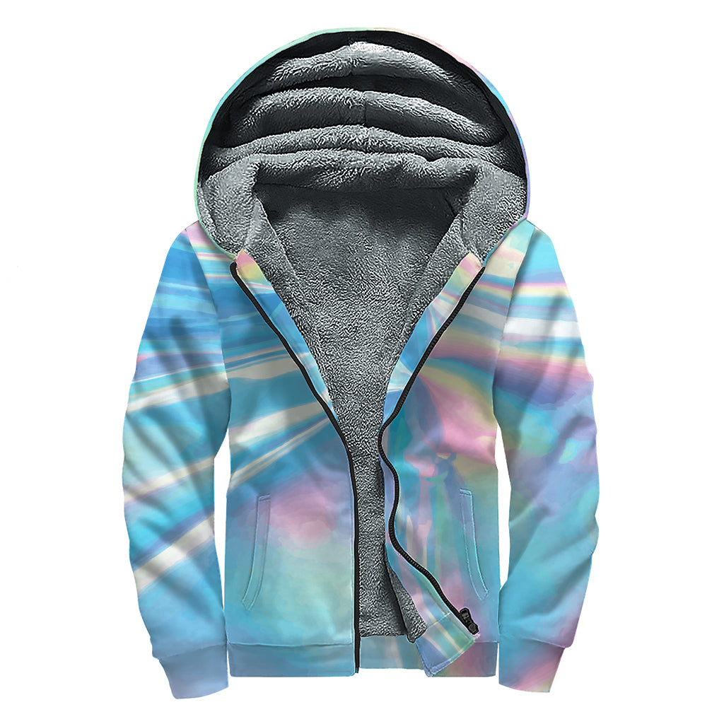 Blue Holographic Print Sherpa Lined Zip Up Hoodie