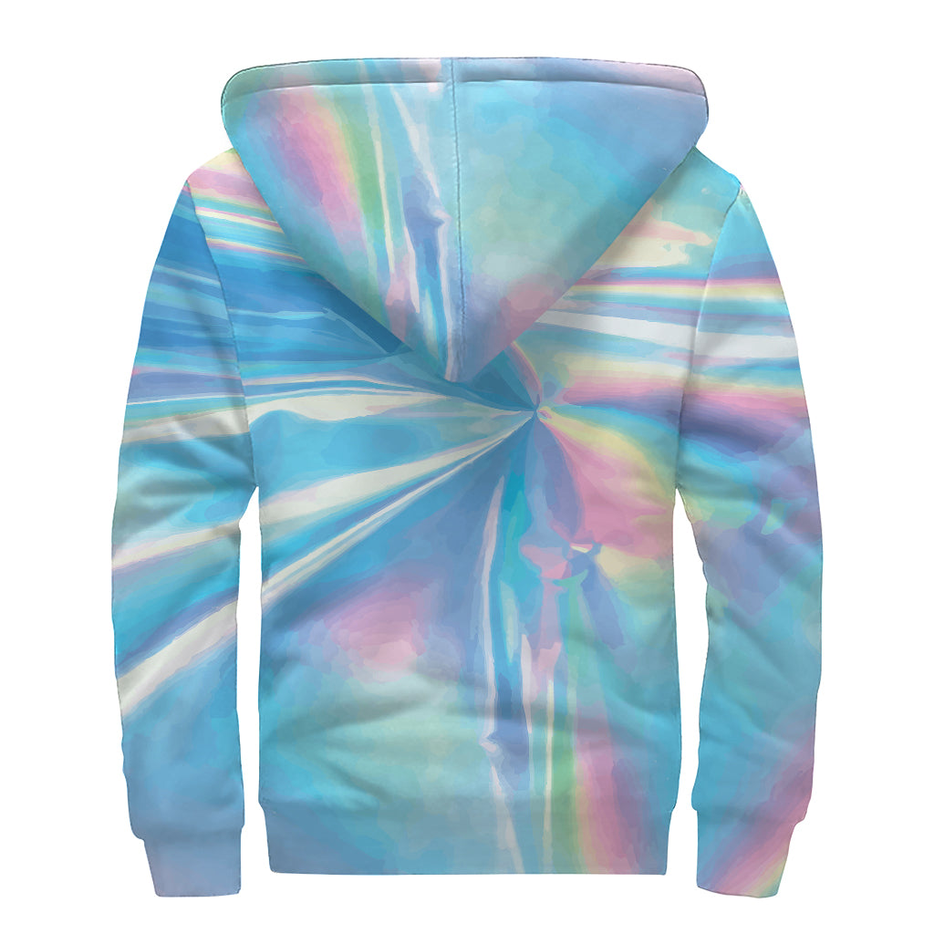 Blue Holographic Print Sherpa Lined Zip Up Hoodie