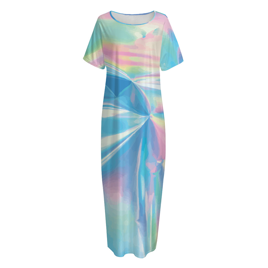 Blue Holographic Print Short Sleeve Long Nightdress