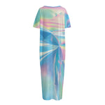 Blue Holographic Print Short Sleeve Long Nightdress