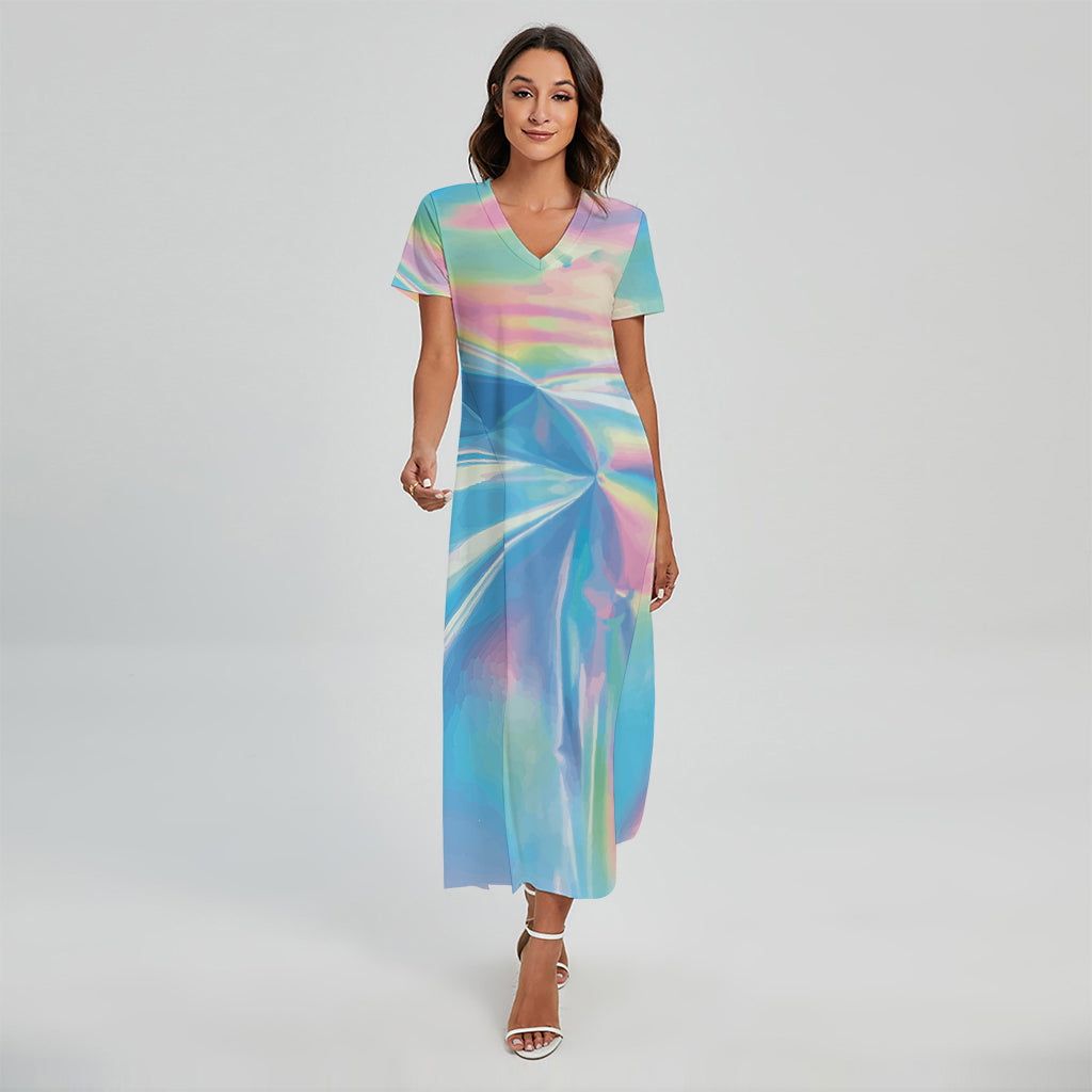 Blue Holographic Print Short Sleeve Maxi Dress