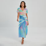 Blue Holographic Print Short Sleeve Maxi Dress