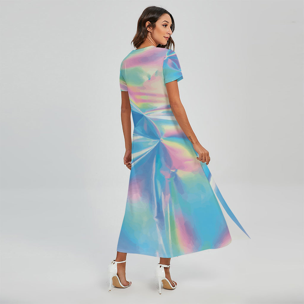 Blue Holographic Print Short Sleeve Maxi Dress