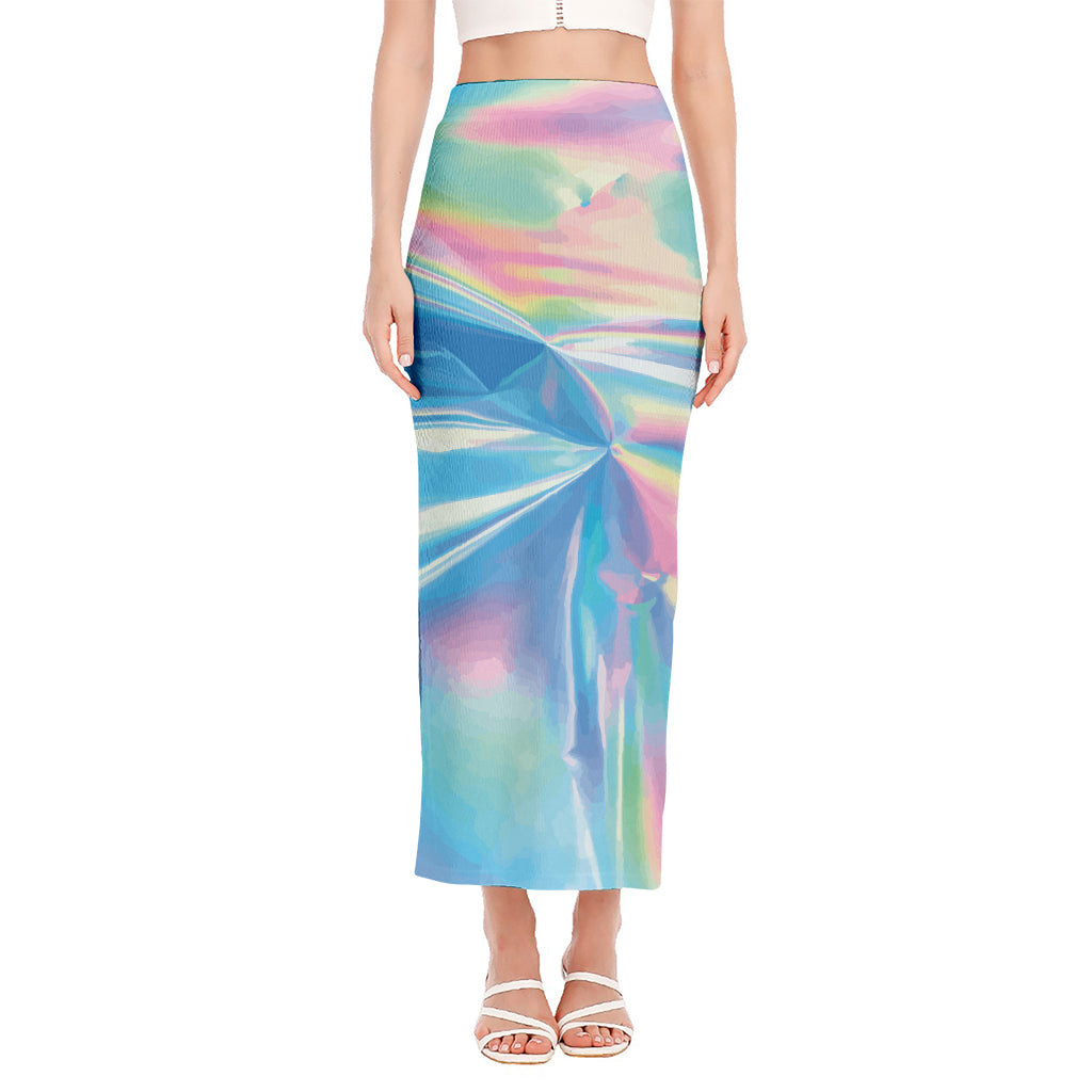 Blue Holographic Print Side Slit Maxi Skirt