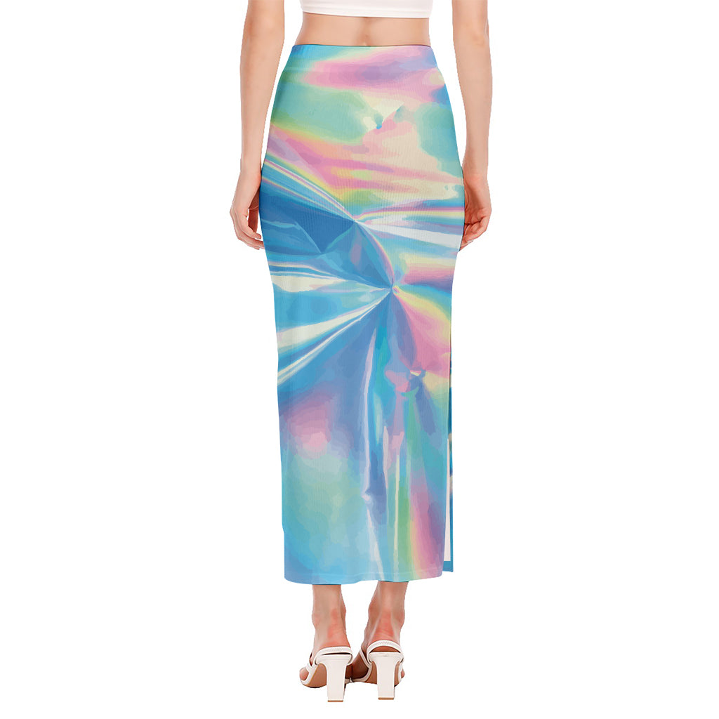 Blue Holographic Print Side Slit Maxi Skirt
