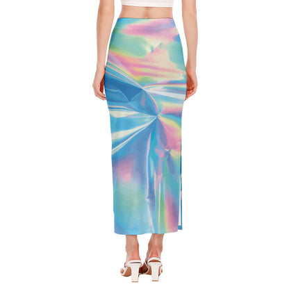 Blue Holographic Print Side Slit Maxi Skirt