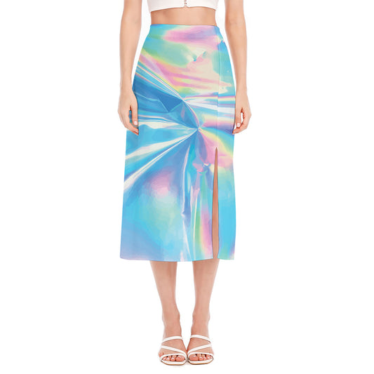Blue Holographic Print Side Slit Midi Skirt