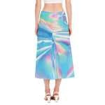 Blue Holographic Print Side Slit Midi Skirt