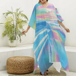 Blue Holographic Print Silk V-Neck Kaftan Dress