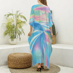 Blue Holographic Print Silk V-Neck Kaftan Dress